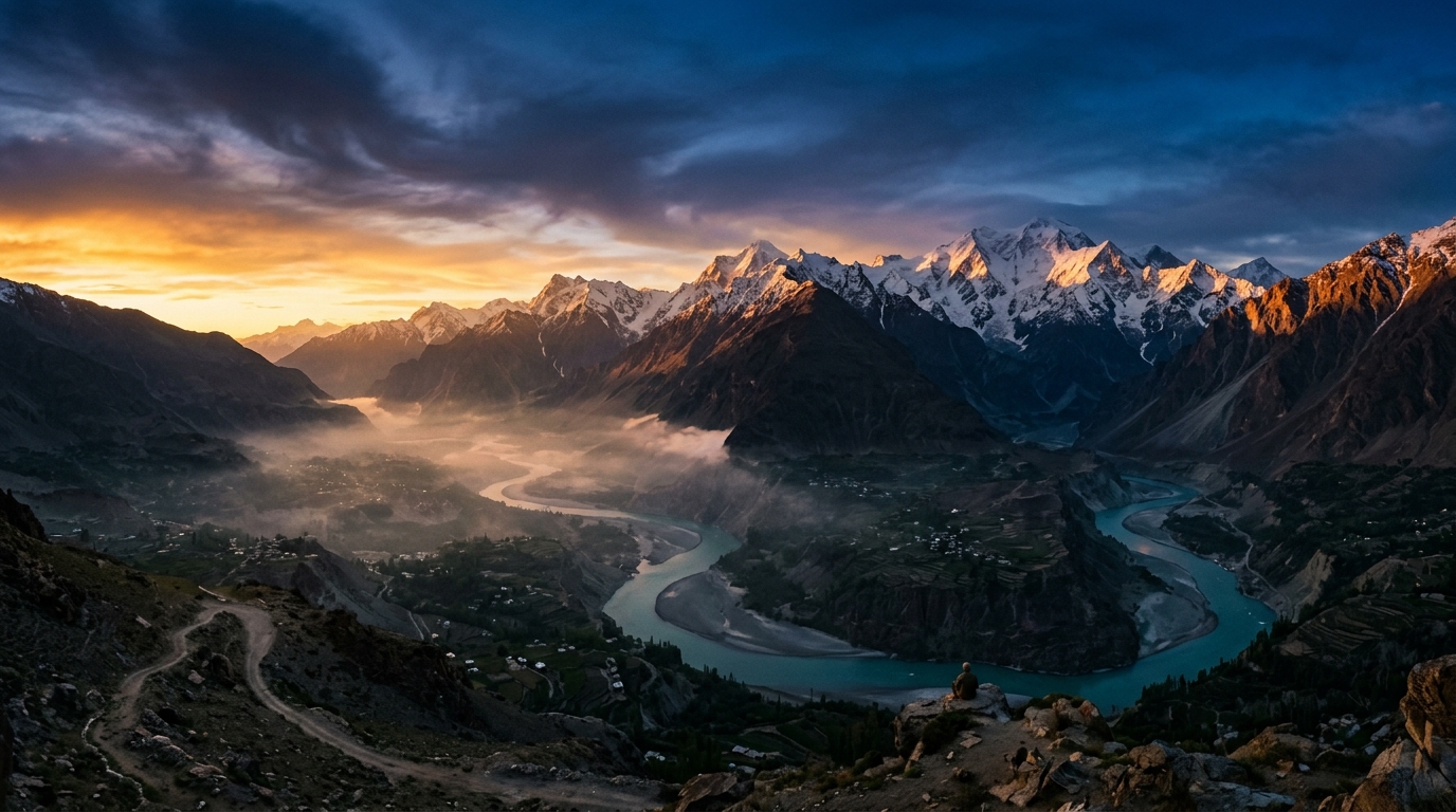 Majestic Karakoram mountains and Indus River at sunset twilight in northern Pakistan